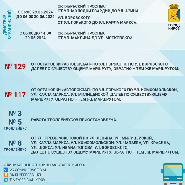 Как изменятся маршруты общественного транспорта в Кирове 29 июня?