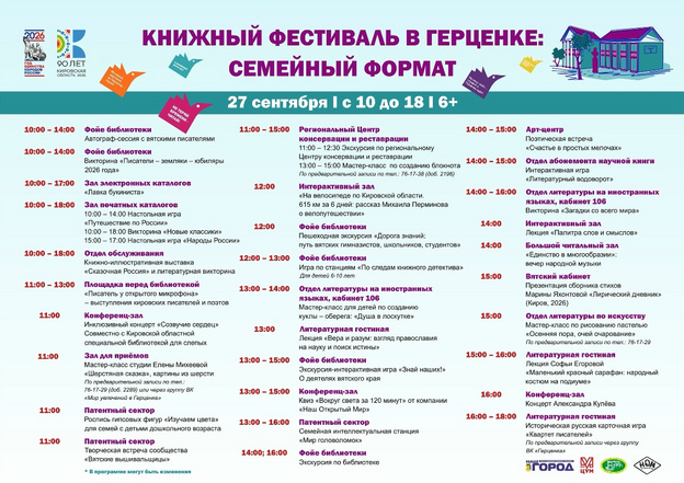 В Кирове 27 сентября пройдёт книжный фестиваль в семейном формате (6+)