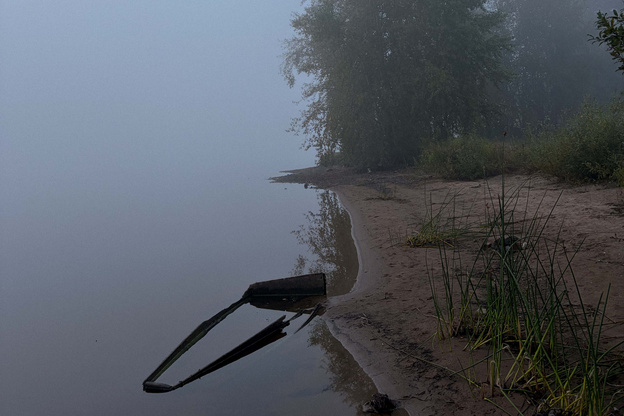 Туманное утро на берегу Белохолуницкого пруда. Фото