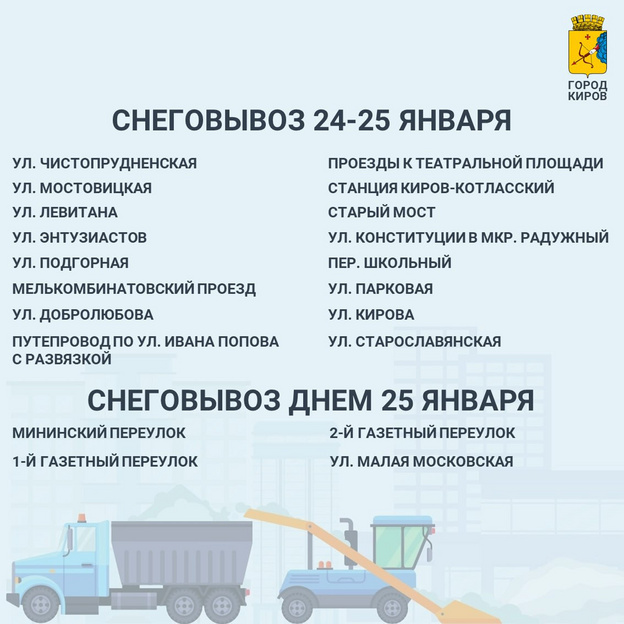 Администрация Кирова составила список улиц, которые очистят от снега