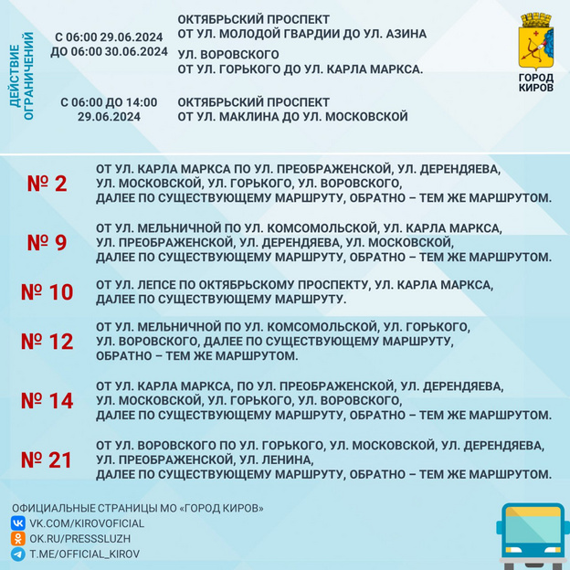 Как изменятся маршруты общественного транспорта в Кирове 29 июня?
