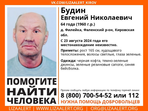 В Фалёнском районе пропал 64-летний Евгений Будин