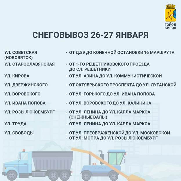 Известно, с каких улиц Кирова вывезут снег 26 и 27 января