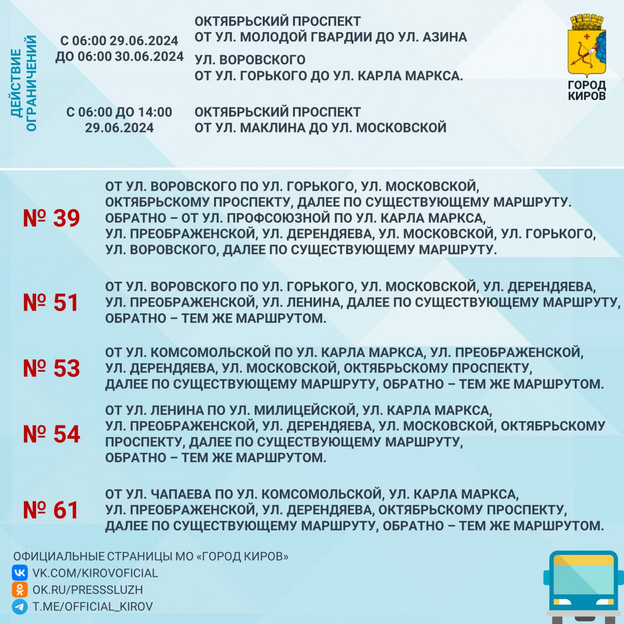 Как изменятся маршруты общественного транспорта в Кирове 29 июня?