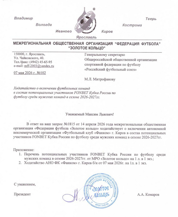 Кировский футбольный клуб «Фанком» подал заявку на участие в Кубке России