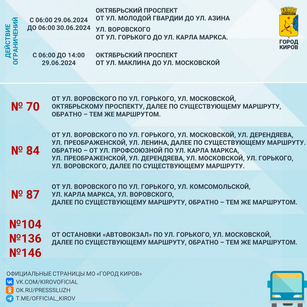 Как изменятся маршруты общественного транспорта в Кирове 29 июня?