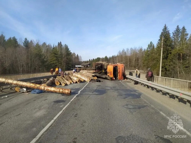 Под Кировом перевернулся лесовоз