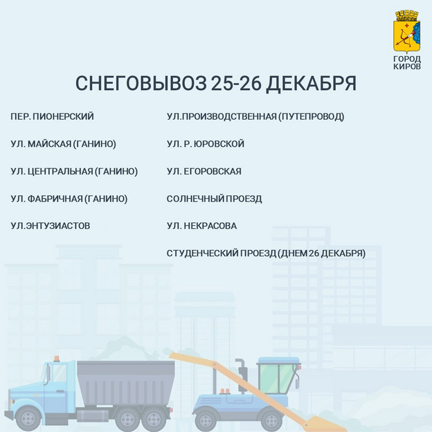 Кировские подрядчики вывезут снег с 25 участков улиц